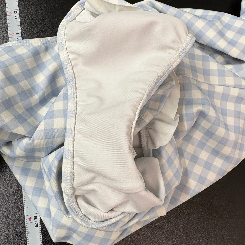 Minnow Kids Swimsuit 11/12 Blue Gingham Long Sleeve Rash Guard Ruffle One Piece